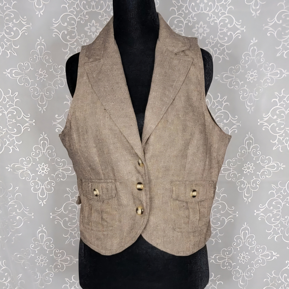 Tan Tailored Vest Button Front Structured Sleeveless Blazer Work Office Top - Picture 3 of 5